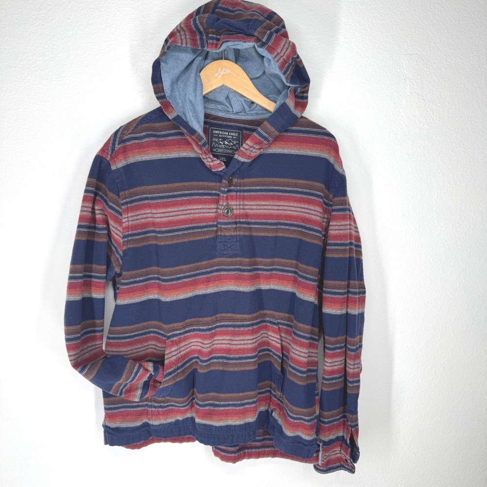 American Eagle Men Flannel Hoodie Henley Shirt Striped Large Denim Gorpcore Baja